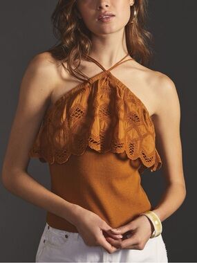 Anthropologie Ruffled Halter Embroidered Tank Blouse Top